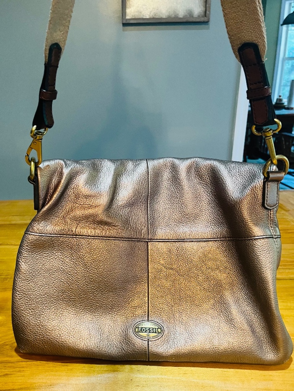 Fossil Explorer Fold Over Crossbody Bronze Pebbled Leather Messenger Tote Bag